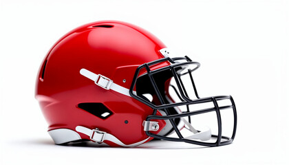 A red American football helmet with a black facemask, highlighted against a white background.