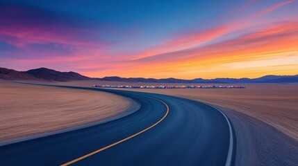 Fototapeta premium Scenic highway winding through a desert landscape, festival tents visible in the distance under colorful skies