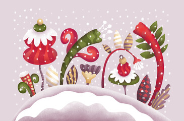 Colorful winter flowers and whimsical plants in a snowy landscape