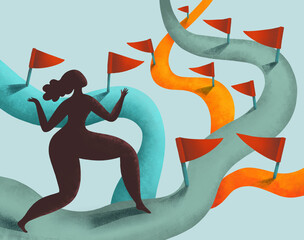 A woman walking on a road with red flags