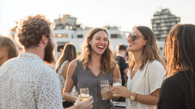 Friends Laughing at a Rooftop Bar During a Night Party