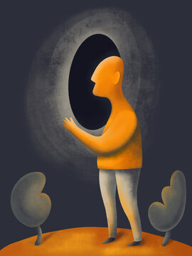 A solitary figure stands in front of a mysterious dark portal at dusk