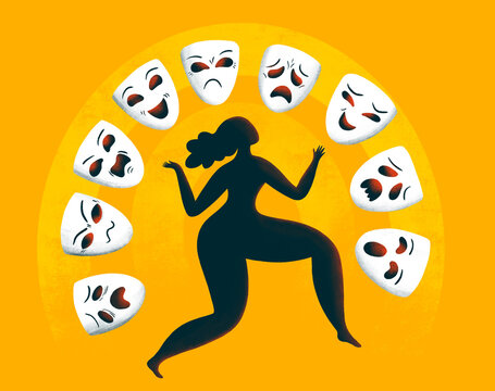 Woman expressing emotions with masks in vibrant yellow backdrop