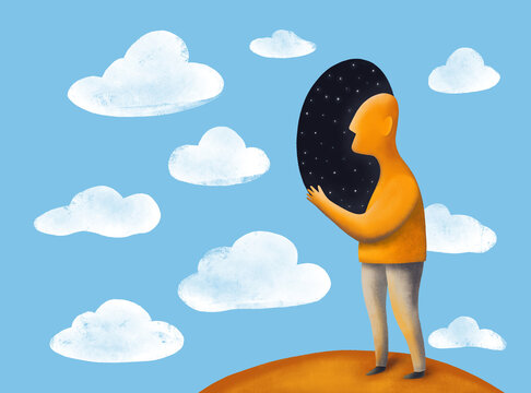 A person gazes at a starry portal in a cloudy sky landscape