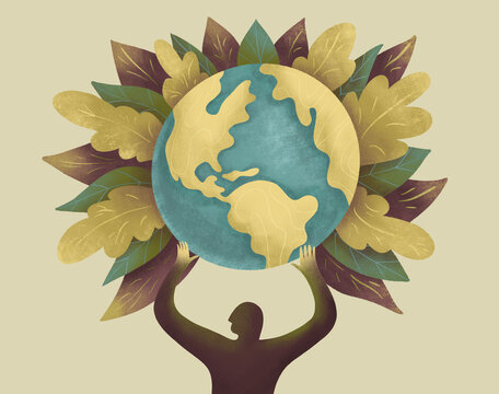 Person holding Earth with vibrant green leaves design