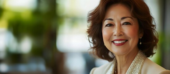Obraz premium Smiling Japanese woman with brown hair wearing a light blazer.