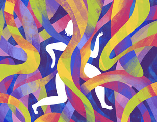Running through colorful ribbons in an abstract art composition