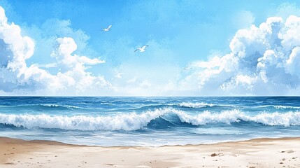 Serene Seascape  Ocean Waves  Beach  Blue Sky  Clouds  Birds