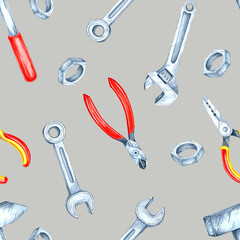 Gray background featuring silver bolts, wrenches, and pliers with red accents in a seamless watercolor pattern. Perfect for stationery, home decor, and DIY-themed textile prints.