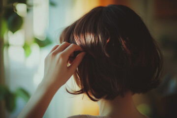 Fototapeta premium A hand softly tousles short hair against a blurred home setting, capturing a relaxed, intimate moment of self-care or daily routine.