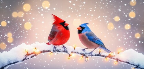 Red cardinal and bluebird sitting on a snowy branch, surrounded by warm twinkling lights against a winter sky.