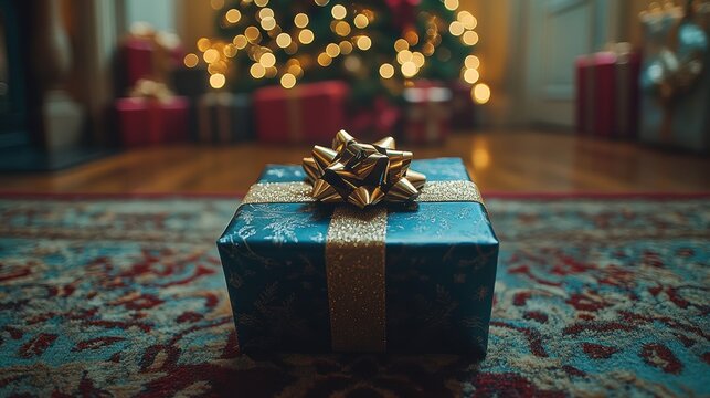 A beautifully wrapped present with a golden bow sits elegantly on a patterned rug, with a blurred Christmas tree illuminating lights in the background as part of a festive scene.