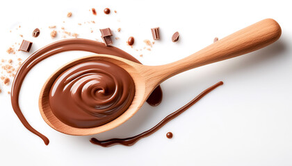 Wooden spoon containing chocolate sauce floating or flying on white