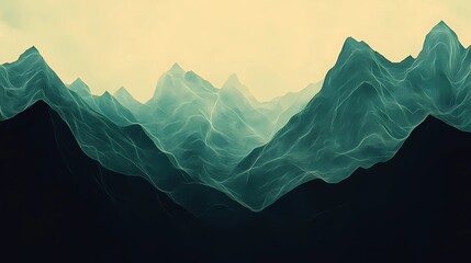 Serene mountain illustration blending pyrography details and digital art techniques, perfect for creating an otherworldly and atmospheric visual.