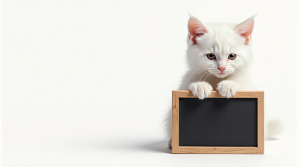 Curious White Kitten Posing with Empty Chalkboard Sign on Clean Background with Space