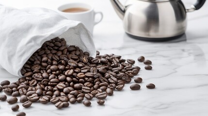 Coffee beans spill from a white bag onto a marble countertop, with a silver cup and pot elegantly placed in the background