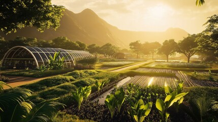 modern, sustainable farm with advanced irrigation systems and biotechnological enhancements
