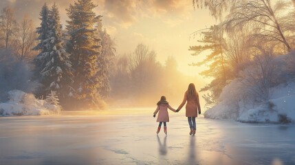 Fototapeta premium mother and daughter ice skating hand in hand on a frozen lake, surrounded by a snowy forest