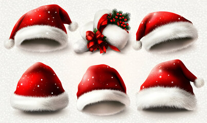 Collection of six realistic Santa hats, adorned with snowflakes, and a festive bow with holly. Ideal for Christmas cards, websites, and winter-themed designs.