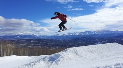 skier mid-jump off a snow ramp, soaring through the air with mountains