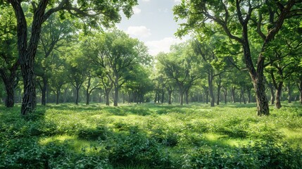 Obraz premium Serene and Lush Forest Landscape with Vibrant Green Foliage Sunlit Pathway and Tranquil Atmosphere Inviting Peaceful Outdoor Adventure and Rejuvenating Retreat into Nature