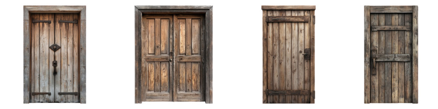 Wooden door isolated on transparent background, Set of