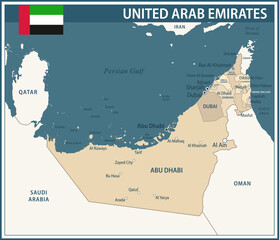United Arab Emirates Map Vector Vintage Dark Blue Beige - Customizable layered political map of UAE with administrative divisions for website, education, reports, news, politics, print, poster