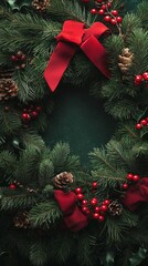 Elegant top-down view of a lush Christmas wreath adorned with berries and ribbons for festive decorations