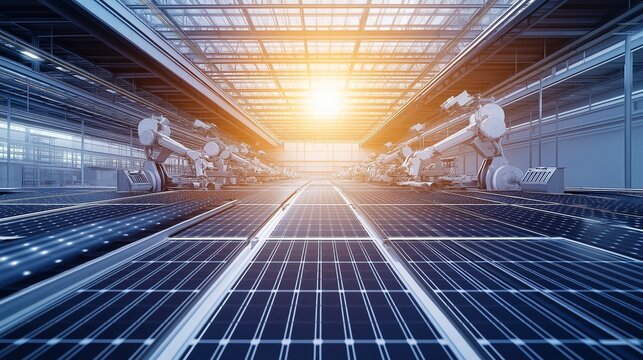 eco-factory interior with robotic arms assembling solar panels and green technology components