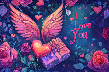 Valentine's Day gifts adorned with hearts and ribbons, floating angel wings, and roses in red, pink, and purple, with vibrant romantic background hues