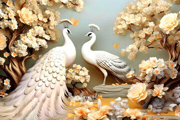 3D wallpaper featuring a peacock perched atop a golden flower tree.