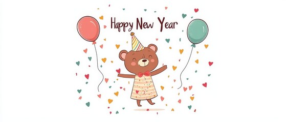 Obraz premium Cute bear celebrating New Year with balloons and colorful hearts in cheerful festive design for greetings cards