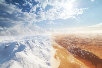 Visual mix of snowstorms, scorching deserts, and hurricanes, representing the widening spectrum of climate effects.