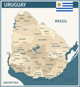 Uruguay Map Vector Vintage Dark Blue Beige - Customizable layered political map of Uruguay with administrative divisions for website, education, reports, news, politics, print, poster and wallpaper