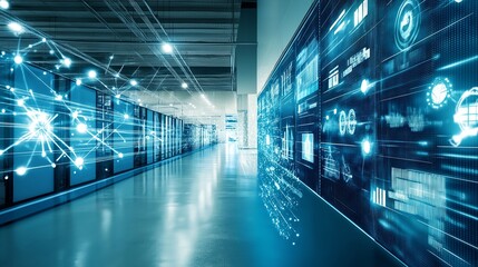 eco-innovation lab filled with digital displays showing data on renewable energy and green technology development