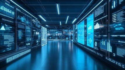 eco-innovation lab filled with digital displays showing data on renewable energy and green technology development