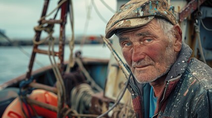 Obraz premium A man wearing a hat sits on a boat, looking out at the water