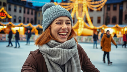 Portrait of a happy young woman surrounded by sparkling Christmas lights and holiday decorations