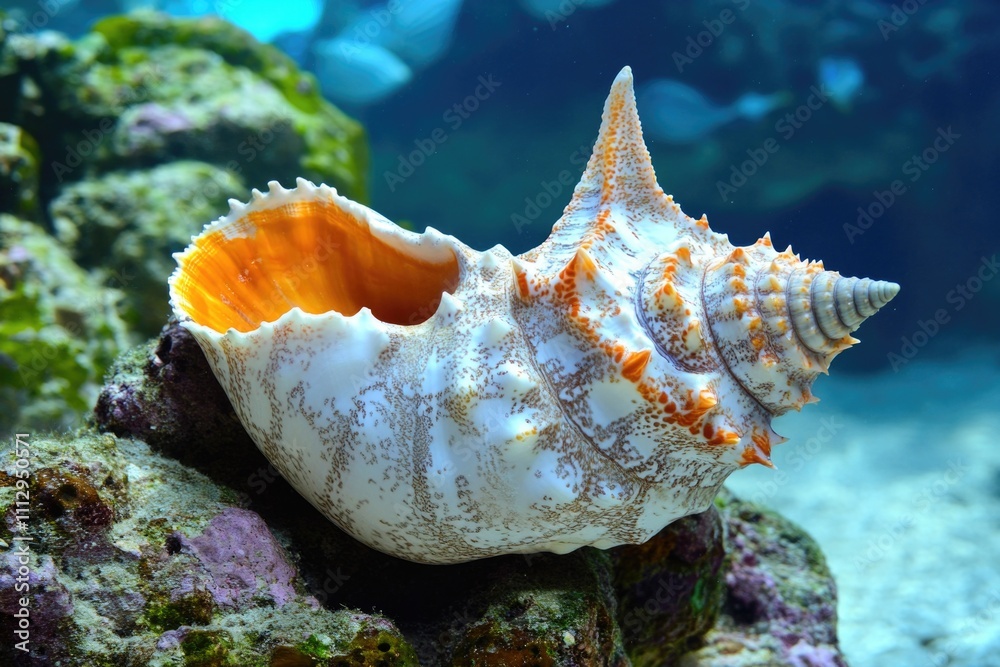 Poster a sea shell sits on a rock in a colorful aquarium setting, ideal for use as a background or decorati