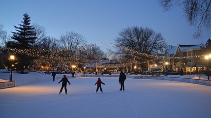 family ice skating together at an outdoor rink in a town square, with festive lights