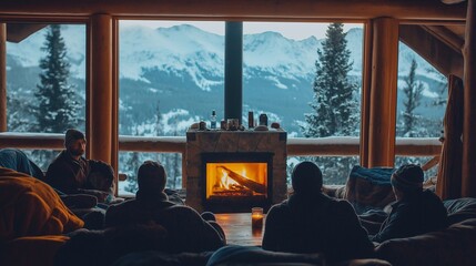 friends warming up in an alpine cabin after a day on the slopes, with the fireplace