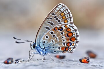 Obraz premium Close-up photo of a butterfly lying on the ground, with blurred background
