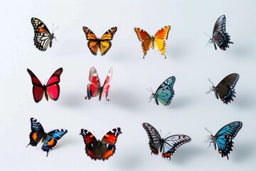 A cluster of vibrant butterflies perched on a clean white background, perfect for illustrating environmental or nature-related themes