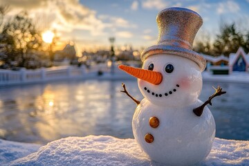 Obraz premium A snowman wearing a top hat and having an orange nose, perfect for winter scenes or holiday celebrations