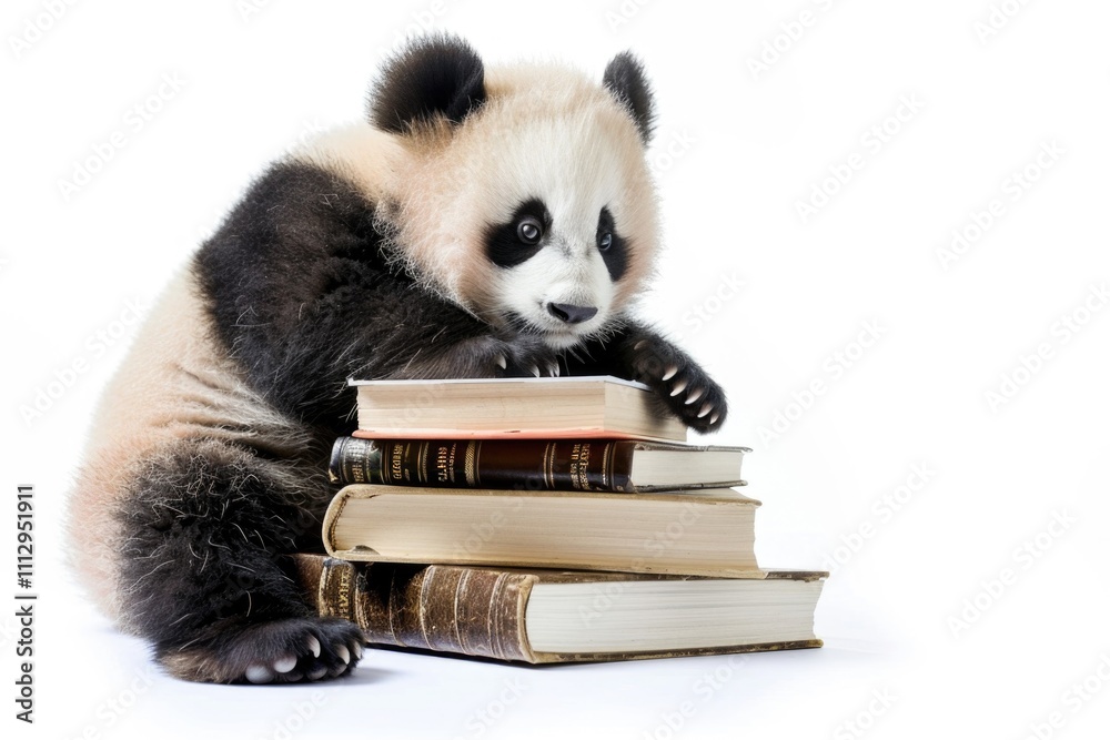 Poster a panda bear sits on top of a stack of books, surrounded by literature and learning