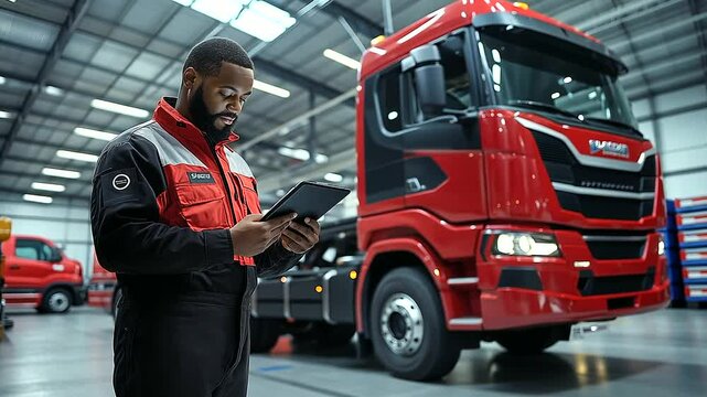 A mechanic using a tablet to check diesel engine diagnostics, standing beside an industrial truck in a professional, tech-forward garage.