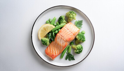 Steamed salmon fillet with veget on white