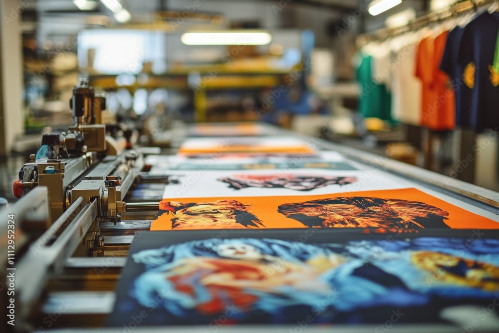 Aufkleber A large screen printing machine is set up in a busy factory environment