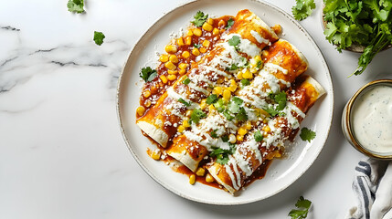 Green Chile Chicken Enchiladas with Mexican Street Corn and Queso Fresco, Mexican Main Course Photography