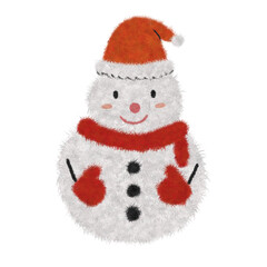 A fuzzy illustration of a snowman wearing a red scarf and Santa hat, with black buttons, rendered in a playful and textured style.